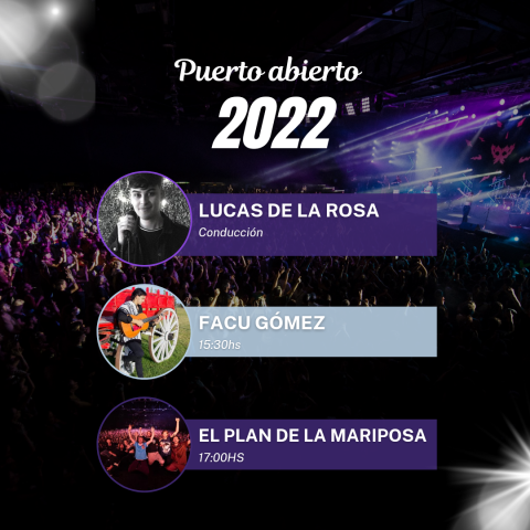 Lucas de la Rosa conduciendo. 15:30hs Facundo Gomez. Para cierre del evento toca El plan de la Mariposa a las 17:00hs. 